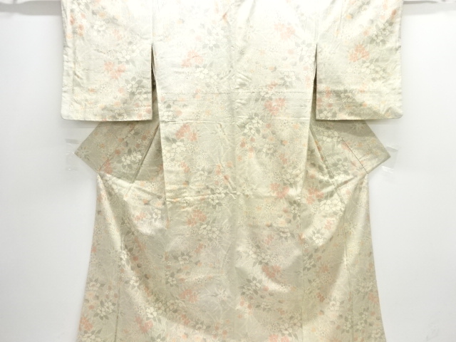 JAPANESE KIMONO / ANTIQUE KIMONO / SILK / TSUMUGI / WOVEN FLORAL PLANTS